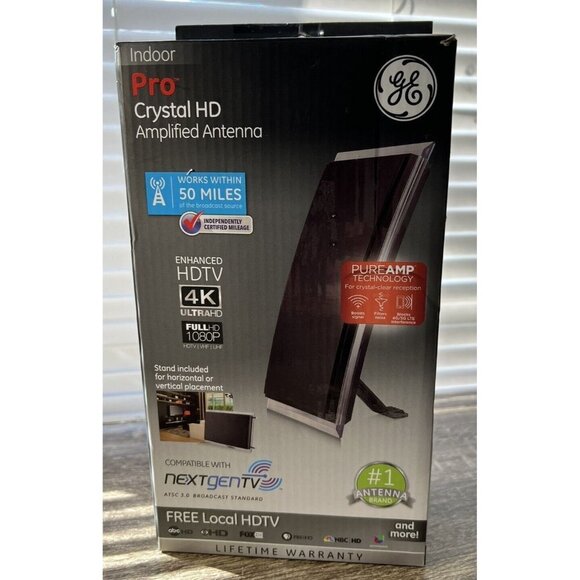 GE 48732 Pro Series Indoor Crystal HD Amplified Antenna,50 mile range,4K-1080P - Picture 1 of 6